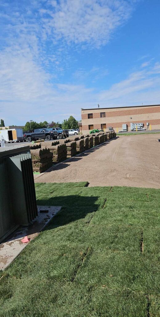 Large open field with freshly laid sod and smooth dirt. There are stacks of sod to the right of the photo